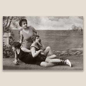 1920s Women Swimsuits Fashion Photo. Roaring Twenties Swim Wear. Restored vintage sepia toned photo, museum quality print.