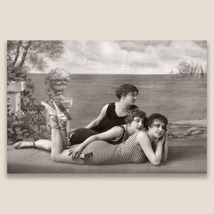 1920s Women Swimsuits Fashion Photo. Roaring Twenties Swim Wear. Restored vintage sepia toned photo, museum quality print.
