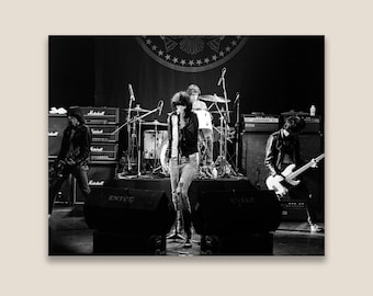 I Ramones sul palco si esibiscono durante il tour europeo, 1980. Foto in bianco e nero restaurata. Stampa giclée di qualità museale