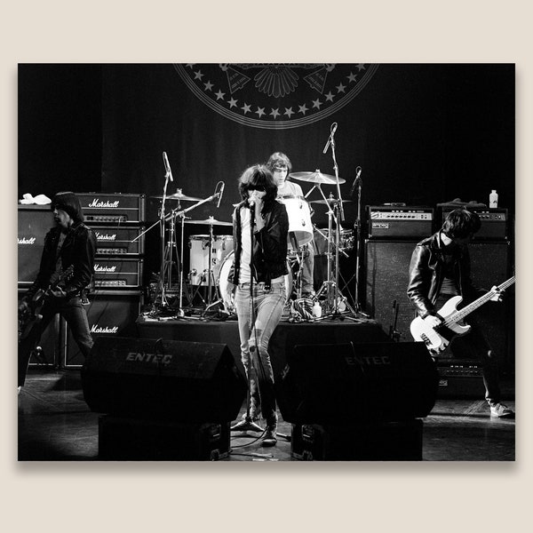 Ramones on stage performing during The European Tour, 1980. Restored Black & White Photo. Museum Quality Giclee Print