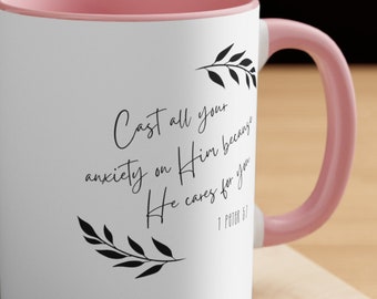 Bible Verse Mug Cast All Your Anxiety 1 Peter 5:7 Bible Scripture Religious Faith Mug Jesus Bible Quote Devotion Coffee Cup Anxiety Mug Gift