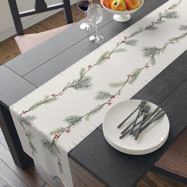 Christmas Table Runner Red Green Watercolor Holiday Table Runner Christmas Runner Table Home Decor Pine Holly Cream Winter Decor Tablecloth