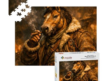 Rompecabezas de cigarros "Aventurero Rudo" - 500 piezas de madera, ideal para la cueva del hombre. Regalo de coleccionista del Año del Caballo 2026. Decoración western de cuero y tabaco.
