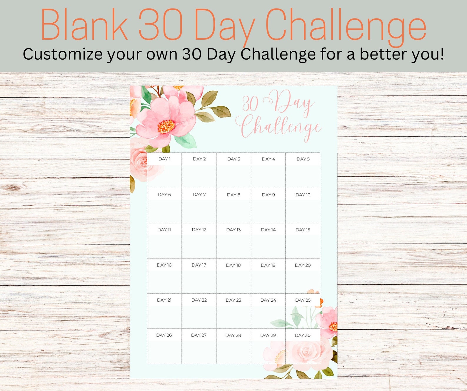 30 Day Challenge Blank Template With Flowers - Etsy