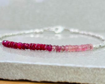 AAA Ombre Pink Tourmaline Bracelet with Ruby, Dainty Gemstone Bracelet
