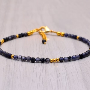 Könnte beinhalten: Ein zartes Fußkettchen aus kleinen, dunkelblauen und goldenen Perlen. Das Fußkettchen hat einen goldenen Verschluss und ist verstellbar.