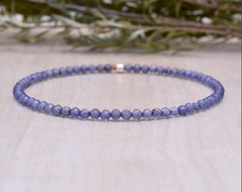 Dainty Iolite Stretch Bracelet, Beaded Shaded Blue Gemstone Elastic Stacking Bracelet, Ultra Delicate Jewelry