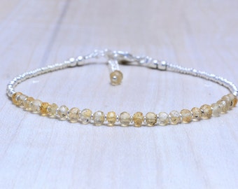 Dainty Citrine Bracelet, Genuine Gemstone Bracelet, Sterling Silver, Gold, Beaded, 2mm, Birthday Gift, Gift for Women