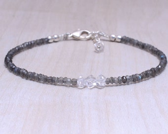 Bracciale con diamanti Herkimer, bracciale delicato in oro rosa con diamanti Herkimer e labradorite, bracciale con pietra portafortuna di aprile, bracciale sottile, regalo per lei