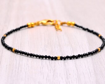 Black tourmaline Bracelet, Tiny Black Gemstone and Gold or Sterling Silver Beaded Bracelet, Skinny Stacking Gemstone Bracelet Mother's Day