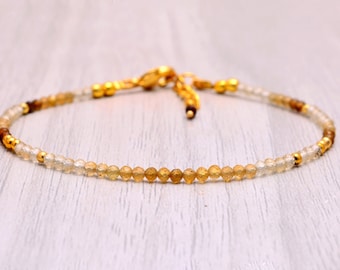 Dainty AAA Citrine Beaded Bracelet, Sterling Silver and Gold, 2.5mm