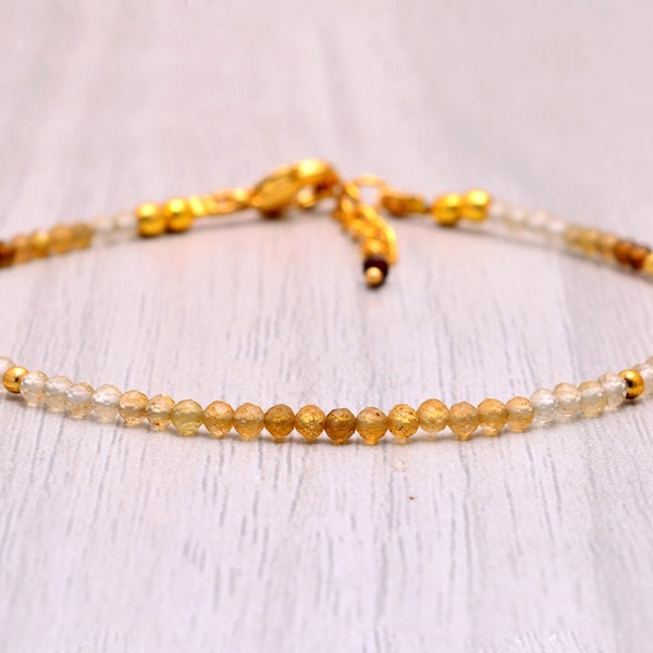 Dainty AAA Citrine Beaded Bracelet, Sterling Silver and Gold, 2.5mm