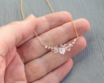 Herkimer diamond necklace gold, April birthstone, herkimer diamond pendant, herkimer quartz, raw diamond necklace, birthday gift for her