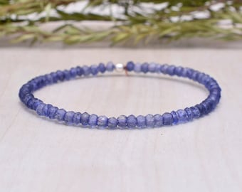 Dainty Iolite Stretch Bracelet, Beaded Shaded Blue Gemstone Elastic Stacking Bracelet, Ultra Delicate Jewelry