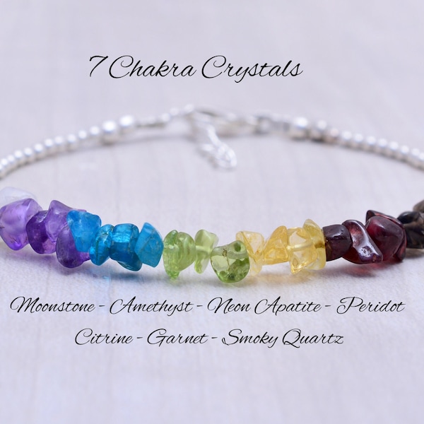 7 Chakra Bracelet, Sterling Silver Chakra Jewelry, Raw Crystal Chakra Bracelet, Chakra Stones, Seven Chakras Colorful Rainbow Bracelet