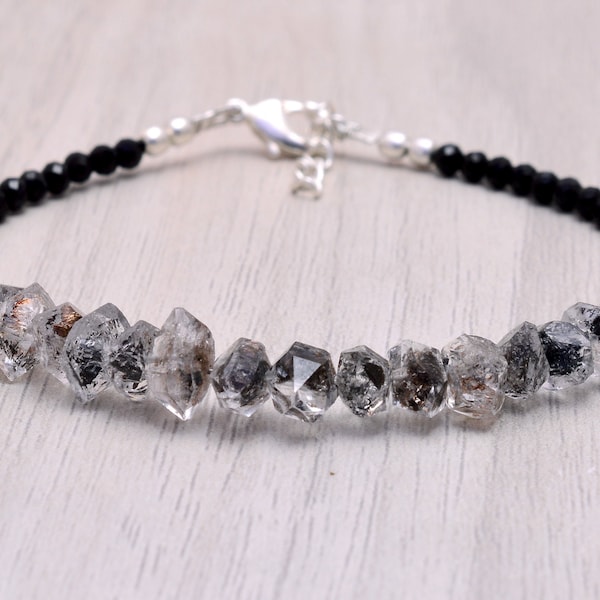 Salt and pepper Herkimer diamond bracelet, black tourmaline, Silver Herkimer diamond bracelet, Herkimer diamond jewellery, April birthstone.