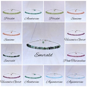 May include: A collection of gemstone bracelets, each with a different stone. The bracelets are displayed on a white surface. Gemstones include Peridot, Aventurine, Sunstone, Hessonire Garet, Emerald, Pink Tourmaline, and Aquamarine. The names of the gemstones are written below each bracelet.