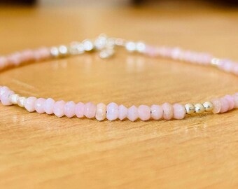Pulsera de cuentas de ópalo rosa AAA, delicada y delicada joyería con piedra natal de octubre, pulsera de piedras preciosas apilables de plata esterlina, regalo de graduación para ella