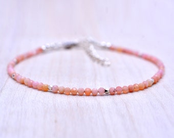 Pulsera de ópalo rosa, pulsera con cuentas de piedras preciosas rosas diminutas, relleno de plata de ley u oro, pulsera de apilamiento de piedras preciosas, piedra de nacimiento de octubre