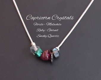 Capricorn Crystal Necklace, Handmade Zodiac Necklace, Garnet, Fluorite, Smoky Quartz, Malachite, Ruby, Natural Astrology Jewelry Gift