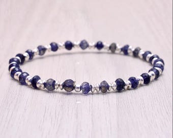 Dainty Iolite Stretch Bracelet, Beaded Shaded Blue Gemstone Elastic Stacking Bracelet, Ultra Delicate Jewelry