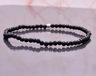 Dainty Black Tourmaline Stretch Bracelet, Ultra Delicate Faceted Beaded Gemstone Jewelry