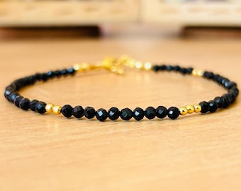 Black Tourmaline Bead Bracelet, Dainty 3mm Beaded Gemstone Bracelet - Genuine Stone Healing Crystal Protection Stone Gift for Women