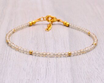 Dainty Citrine Beaded Bracelet, Sterling Silver, 2mm Gemstone