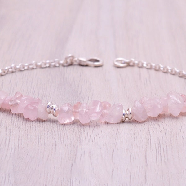 Bracelet en quartz rose brut, bracelet de cheville délicat en quartz rose, bijoux de protection en quartz rose véritable, bracelet de cheville en cristal rose AAA++