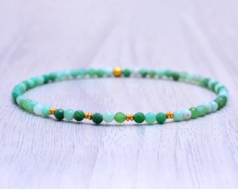 2.5-3mm Dainty Faceted Natural Chrysoprase Stretch Beaded Bracelet | Green Chrysoprase Jewelry | Healing Energy Gemstone Bracelet
