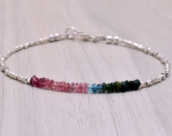 Watermelon Tourmaline Bracelet, Sterling Silver Beads, Ombre Jewelry