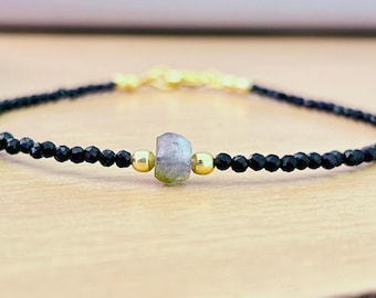 Labradorite Black Tourmaline Bracelet: Dainty Beaded Gemstone Jewelry