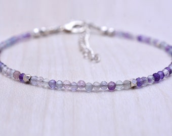 Rainbow Fluorite Bracelet, Tiny Purple Gemstone Beaded Bracelet, Gold Fill or Sterling Silver, Stacking Bracelet, February, March Birthstone