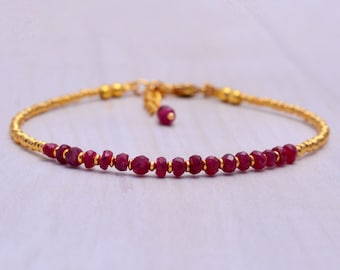 Gold Filled Ruby Beaded Bracelet, July Birthstone, Stacking Gemstone Jewelry