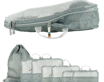 TRAVEL DUDE Packwürfel Set in Stahl Blau mit Kompression aus recycelten Plastikflaschen | Leichte Packing Cubes | Packtaschen Set