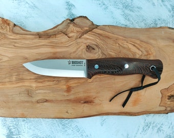 Cuchillo Bushcraft hecho a mano: acero N690, mango de wengué, funda de cuero