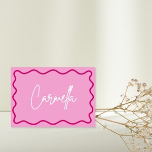 Place Setting Card Pink Wavy, Customisable, Pink and White Wavy, Editable Template