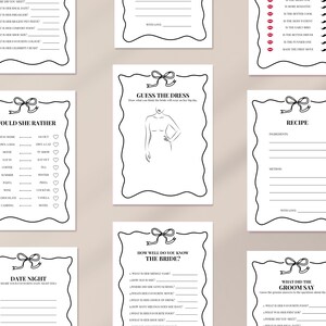 Peut inclure: Ensemble de cartons blancs avec texte noir et bordures décoratives. Les cartons présentent des invites de jeux de douche nuptiale, comme "Would She Rather", "Devinez la robe" et "Date Night". Chaque carton est orné d'une illustration de nœud.