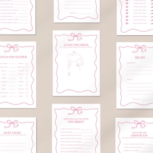 Wavy Border Bridal Shower Games, Hens Party Games, Pink And White Bow Border, Canva Digital Instant Download Printable, Game Bundle