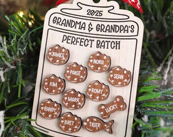 Grandma & Grandpa's Perfect Batch Cookie Ornament, Engraved 1-15 Names Family Ornament, Personalized Grandparents Gift, Wood Cookie Ornament
