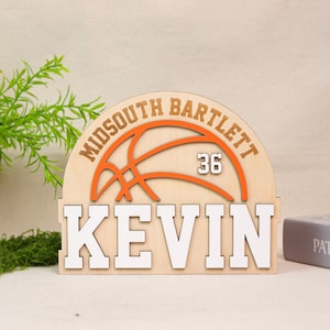 May include: Wooden basketball-themed sign with the name "KEVIN" in white block letters. The sign features an orange basketball graphic and the text "MIDSOUTH BARTLETT" above, with the number "36". The sign is made of light-colored wood.