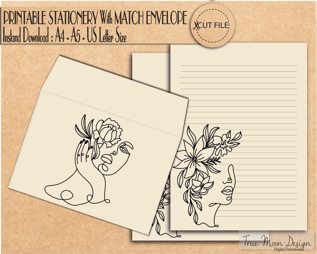 Printable Stationery With Matching Envelopes Line Art Women Etsy