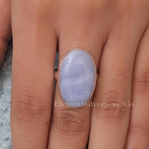 Blue Lace Agate Ring / 925 Sterling Silver Ring / May Birthstone Ring / Oval Gemstone Ring / Agate Silver Jewellery / Birthday Gift