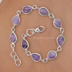 Natural Charoite Bracelet / 925 Sterling Silver Bracelet / Pear Gemstone Bracelet / Boho Handmade Jewellery / Gift For Her