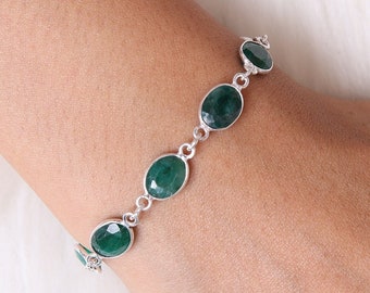 Emerald Bracelet / 925 Sterling Silver Bracelet / Faceted Gemstone Bracelet / May Birthstone Jewelry / Adjustable Bracelet / Gift for Her