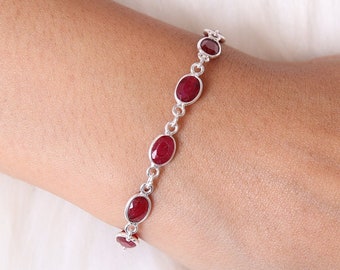 Ruby Bracelet / 925 Sterling Silver Bracelet / Oval Cut Gemstone Bracelet / Minimalist Stone Bracelet / Adjustable Jewelry