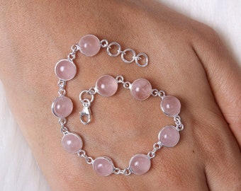 Rose Quartz Bracelet / 925 Sterling Silver Bracelet / Round Gemstone Bracelet / Quartz Jewelry / Gift For Her