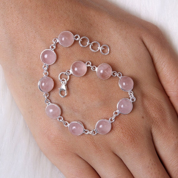 Bracelet en quartz rose / Bracelet en argent sterling 925 / Bracelet en pierres précieuses rondes / Bijoux en quartz / Cadeau pour elle