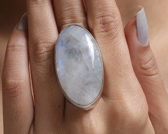 Rainbow Moonstone Ring / 925 Sterling Silver Ring / Large Gemstone Ring / Oval Shape Ring / June Birthstone Ring / Women Silver Jewelry