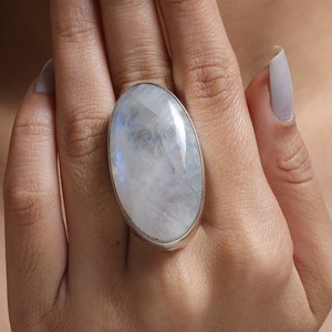 Rainbow Moonstone Ring / 925 Sterling Silver Ring / Large Gemstone Ring / Oval Shape Ring / June Birthstone Ring / Women Silver Jewelry